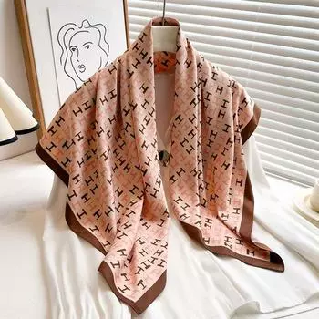 Модный простой стиль, шарф с маленькой буквой H, 90 см, большой квадратный шарф, твиловый шелковый платок, шаль для женщин 90x90cm