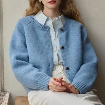 Модный простой вязаный кардиган женский свитер осень зима свободный с круглым вырезом длинный рукав короткий свитер пальто повседневные кардиганы топы однотонная одежда 1399 One Size розовый