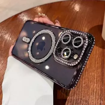 Модный прозрачный чехол для телефона с блестящими бриллиантами для iPhone 16 15 14 13 12 11 Pro Max 15 Plus с магнитной поддержкой Magsafe для беспроводной зарядки For iPhone 14 Plus