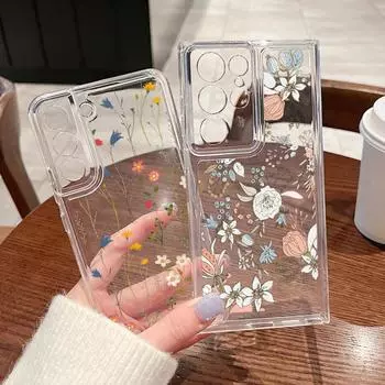 Модный прозрачный чехол для телефона с сердечками и цветочным принтом для Samsung S24 S23 Ultra S22 S21 FE A15 A35 A55 A33 A54 A53 A25, противоударный прозрачный мягкий силиконовый чехол Samsung S24