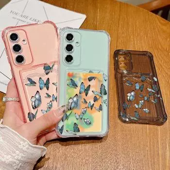 Модный прозрачный чехол с принтом бабочки и слотом для карт для Samsung S24 FE S23 Ultra S22 A16 A55 A54 A15 A35, прозрачный противоударный мягкий силиконовый чехол для телефона Samsung S24 серый