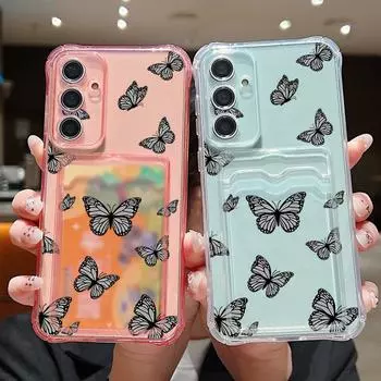 Модный прозрачный чехол с принтом бабочки и слотом для карт для Samsung S24 FE S23 S22 Ultra A16 A55 A54 A35 A34 A15, противоударный мягкий силиконовый защитный чехол для телефона Samsung S24 серый
