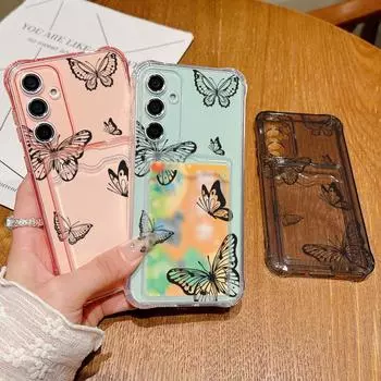 Модный прозрачный тонкий чехол с бабочкой и слотом для карт для Samsung S24 FE S23 S22 Ultra A16 A55 A54 A35 A34 A15 A34, противоударный мягкий силиконовый чехол для телефона Samsung S24 серый