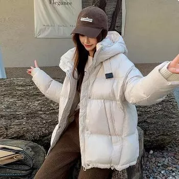 Модный пуховик с капюшоном, женский, короткий, 2024, зимняя мода, теплый, белый, с утиным пухом, вязаный, рукава, куртка-хлеб, взрыв one size fits all темно-коричневого