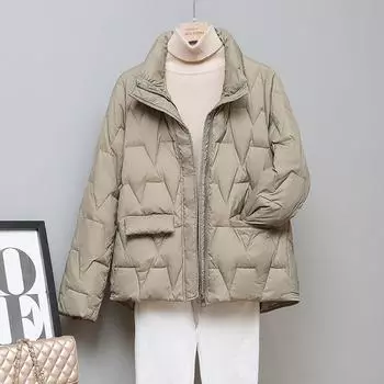 МОДНЫЙ пуховик женский 2024 зима новый воротник стойка короткая куртка свободная мода простой литературный топ большой размер Одежда S белый