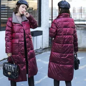 МОДНЫЙ пуховик женский средний и длинный 2024 зима новый тонкий и облегающий белый утиный пух выше колена стоячая куртка Одежда S фиолетовый