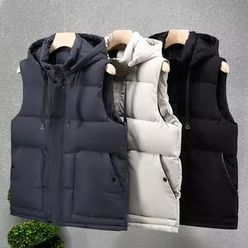 Модный пуховый жилет из хлопка для мужчин, зимняя утолщенная теплая повседневная куртка с капюшоном L чёрный