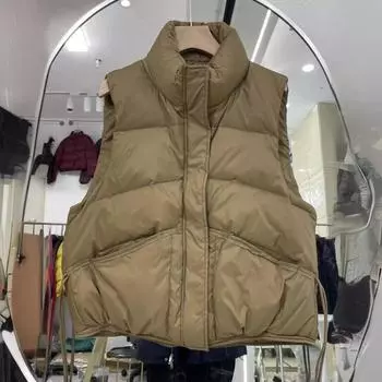 МОДНЫЙ пуховый жилет женский 2024 зима новый модный легкий воротник-стойка терможилет с карманом и бантом терможилет Одежда S чёрный