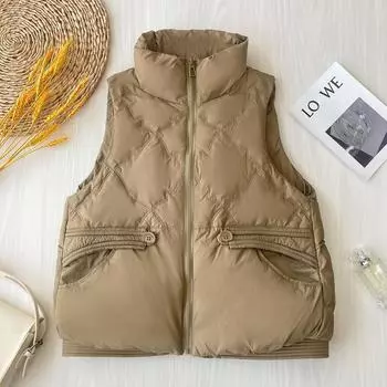 МОДНЫЙ пуховый жилет женский зимний новый верхняя одежда корейская версия жилет жилет жилет легкий тонкий маленький пиджак белый утиный пуховый жилет One size бежевый