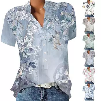 Модный пуловер с круглым вырезом, свободная рубашка на пуговицах с принтом, повседневный универсальный топ с коротким рукавом L синий