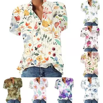 Модный пуловер с круглым вырезом, свободная рубашка на пуговицах с принтом, повседневный универсальный топ с коротким рукавом XXL бежевый