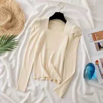 Модный пуловер с квадратным воротником, джемпер, вязаные свитера, женский повседневный свитер с длинными рукавами, осенне-зимние топы, женские 28906 One Size абрикосовый