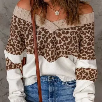 Модный пуловер с леопардовым принтом, осенние сексуальные свитера с открытыми плечами, свободная зимняя одежда, теплые вязаные топы 29446 S чёрный