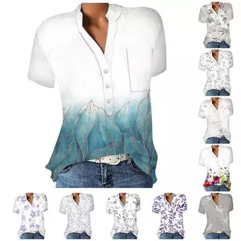 Модный пуловер с v-образным вырезом, свободная рубашка на пуговицах с принтом, повседневные универсальные топы с короткими рукавами L синий