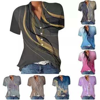 Модный пуловер с v-образным вырезом, свободная рубашка на пуговицах с принтом, повседневные универсальные топы с короткими рукавами L синий