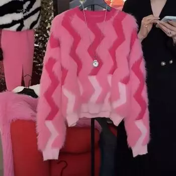 Модный пуловер в полоску для женщин, 2023, повседневный зимний зимний пуловер с круглым вырезом, высококачественный вязаный свитер с длинными рукавами, женские топы One Size розовый