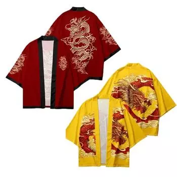 Модный японский кардиган с 3D принтом дракона, хаори, мужское традиционное азиатское платье, рубашка для косплея, пляжное кимоно в стиле Харадзюку XS красный/жёлтый