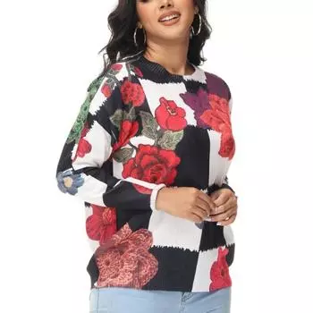 Модный ретро цветочный свитер из ледяного шелка для женщин на весну и осень, блестящий повседневный принт, свободный ленивый ветер, верхний трикотаж L