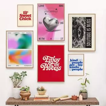 Модный ретро красочный абстрактный градиент цитата настенное искусство зернистая текстура современный космос хром сердце холст картина кухонный декор 21x30cm No Framed