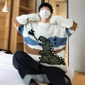 Модный ретро пуловер, свободный свитер, мужской зимний утолщенный теплый вязаный свитер M белый