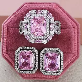 Модный роскошный большой розовый комплект ювелирных изделий из стерлингового серебра 925 пробы, серьги, кольца для женщин, подарок на свадьбу, рождественскую вечеринку 8