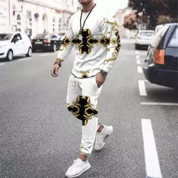 Модный роскошный мужской костюм, футболка с длинным рукавом, комплект из 2 предметов, спортивный костюм с 3D принтом, мужская одежда больших размеров, уличная одежда в стиле ретро S
