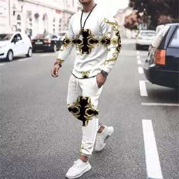 Модный роскошный мужской костюм, футболка с длинным рукавом, комплект из 2 предметов, спортивный костюм с 3D принтом, мужская одежда больших размеров, уличная одежда в стиле ретро S