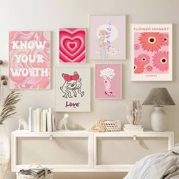Модный розовый постер, красочный настенный художественный плакат в стиле бохо, датская пастель, холст, картина, эстетические принты с изображением сердца и любви, фотографии в общежитии, декор комнаты 21x30cm No Frame
