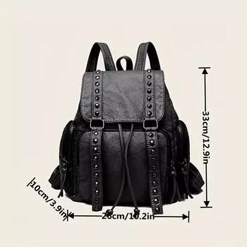 Модный рюкзак с заклепками, рюкзак на шнуровке в стиле панк, винтажная дорожная школьная сумка из искусственной кожи чёрный