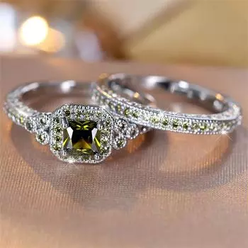 Модный серебристый цвет, комплект колец с оливково-зеленым камнем, роскошное обручальное кольцо «Любовь», винтажный свадебный комплект украшений 5 оливковое зеленый