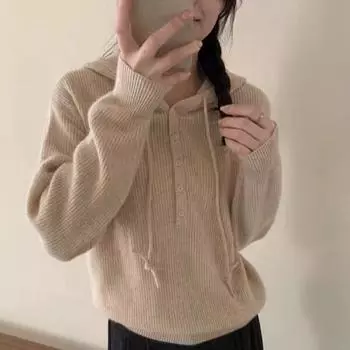 Модный серый повседневный свитер с капюшоном, женский осенне-зимний длинный рукав, верхняя одежда, вязаные свитера, женские винтажные свободные мягкие женские трикотажные изделия 25278 One Size серый