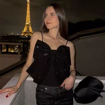 Модный сексуальный большой бант с пайетками, женская безрукавка с открытой спиной, молния, жилет на бретельках, тонкий блестящий уличный короткий топ, милая, новая мода S