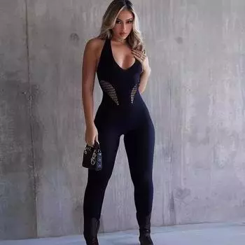 Модный сексуальный глубокий V-образный вырез комбинезон женский висячий вырез ажурный прозрачный без рукавов обтягивающий Y2k боди женская одежда 25833 S чёрный