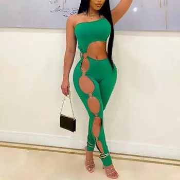 Модный сексуальный комбинезон с вырезом, женский, весенний, с открытыми плечами, с высоким разрезом по бокам, облегающий клубный наряд, женский боди, одежда Y2k 25427 S зелёный