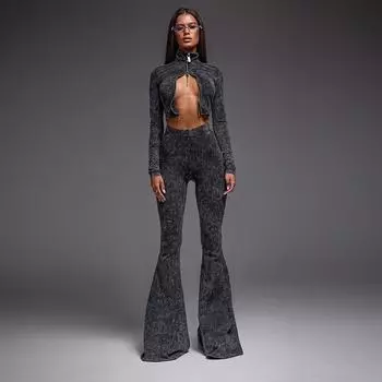 Модный сексуальный короткий топ на молнии с высокой талией, утягивающие брюки, расклешенные брюки, соответствующий комплект, женский спортивный костюм S