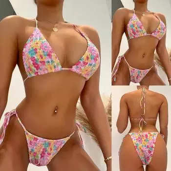 Модный сексуальный купальник с принтом на бретельках и открытой спиной, темперамент, пляжная одежда, сплит-бикини, купальник S розовый