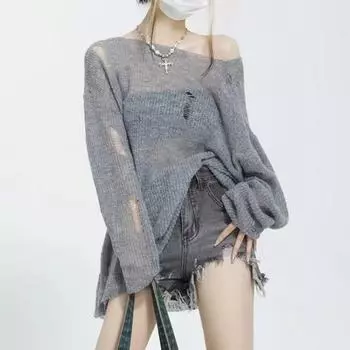 Модный сексуальный свободный вязаный повседневный свитер для женщин, весна и осень, топы с длинным рукавом, свободные свитера для женщин, тонкий трикотаж с вырезом-лодочкой 26408 One Size серый