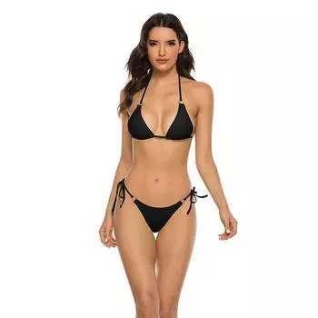 Модный сексуальный женский купальник с бретелькой через шею, шнуровкой и пряжкой, однотонный, раздельный, пляжная одежда, мода S чёрный