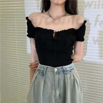 Модный шикарный топ на одно плечо для женщин, летняя сексуальная верхняя одежда на шнурке, топ без бретелек, повседневная футболка One Size чёрный