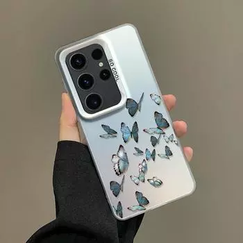 Модный синий чехол с принтом бабочки IMD Laser для Samsung S24 Ultra S23 S22 Plus S21 S20 FE A54 A53 A52, защита объектива, противоударный жесткий чехол для телефона из ПК Samsung S24 серый