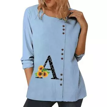 Модный синий хлопковый топ для женщин с различными индивидуальными принтами, круглым вырезом, длинными рукавами и пуговицами, размеры S-5XL S