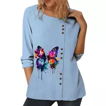 Модный синий хлопковый топ для женщин с круглым вырезом, длинными рукавами и пуговицами S