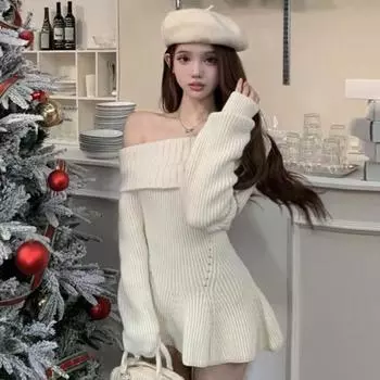 Модный сладкий свитер с открытыми плечами и открытыми плечами, женский элегантный тонкий эластичный трикотаж с оборками, женский французский шикарный однотонный пуловер с длинными рукавами для девочек S бежевый/абрикосовый