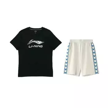 Модный спортивный костюм унисекс с принтом логотипа Li Ning, с круглым вырезом, с короткими рукавами, повседневный, свободного кроя, шорты, AHSVD53-1+YKSV129-1 S