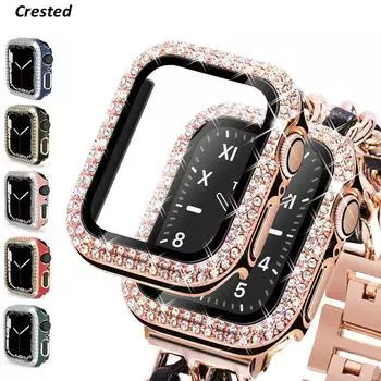 Модный стеклянный чехол IWatch для Apple Watch Case 40 мм, 44 мм, 45 мм, 41 мм, 49 мм IWatch Series 9 Diamond + Защитная пленка для экрана Apple Watch Series 8 3 6 SE 7 38mm серебряный/белый