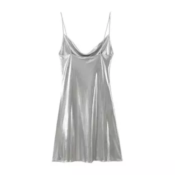Модный стиль 2023 Осень Новое Женское Облегающее Легко Сочетаемое Платье Мини на Бретелях с Металлическим Декором Короткая Юбка 1165152 Silver XS