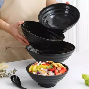 Модный стиль и долговечность, чисто черная большая полосатая миска, большой калибр и емкость, высокая термостойкость, миска для рамена