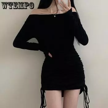 Модный стиль INS, однотонный шнурок, плиссированная тонкая короткая юбка с открытыми плечами, платье с открытыми плечами, черные юбки с ягодицами S чёрный