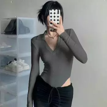 Модный стиль Лацкан Глубокий V Длинный рукав Комбинезон Женское нижнее белье Сексуальный Сексуальный Облегающий Облегающий Топ для похудения Базовый Футболка Grey M (50.50 kg-55.00 kg