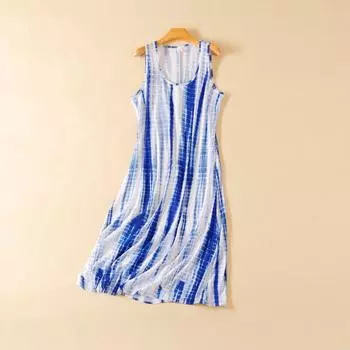 Модный стиль Летнее женское свободное платье-сарафан большого размера с синим крашением, эластичное, в клетку, для отпуска, модное платье Blue dyed All yards